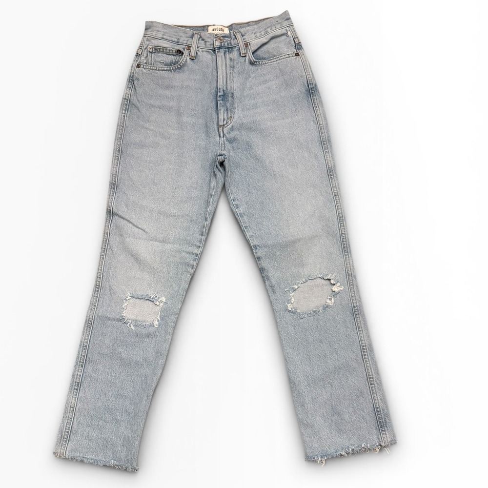 Agolde Pinch Waist High Rise Kick Jeans Distressed Riptide Blue 27 Ripped Grunge